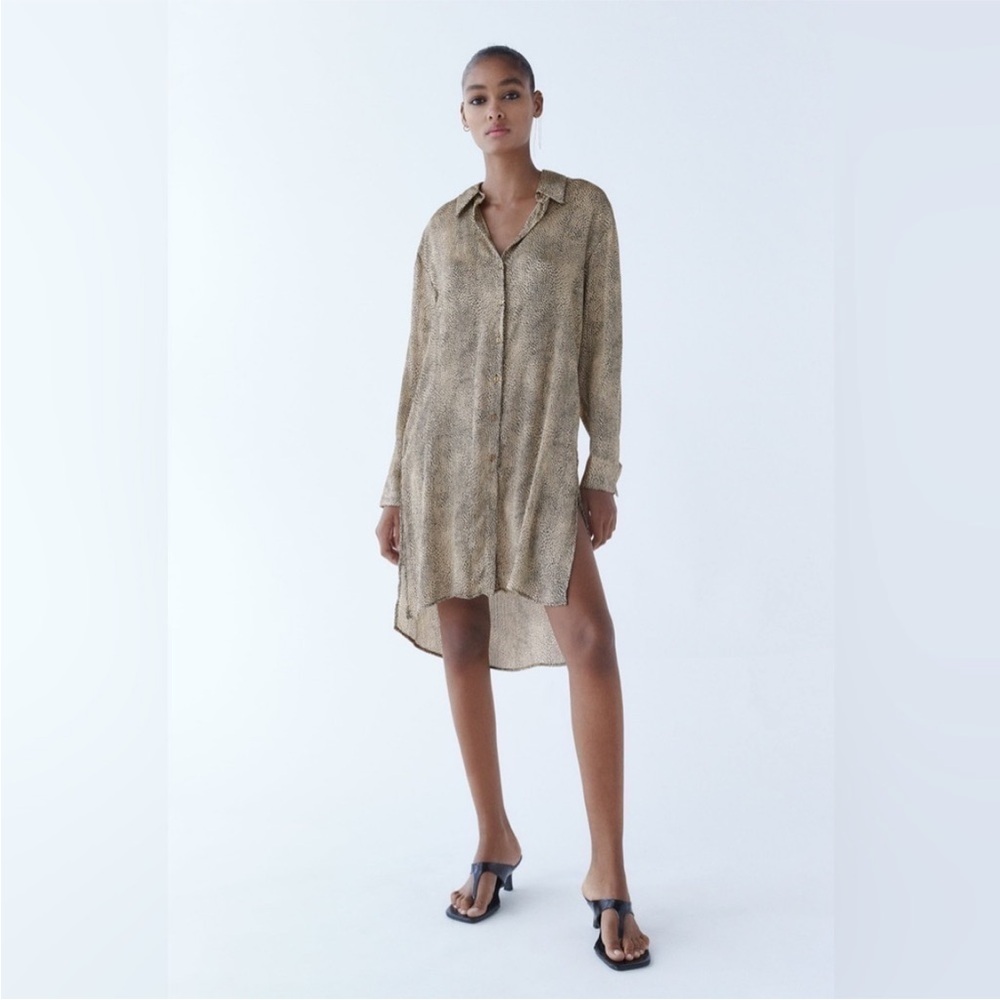New ZARA Silky Leopard Print Button-Up Shirt Dress Size L